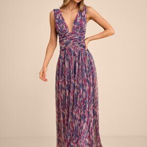 Lulus Evaluna Purple Abstract Print Lurex Pleated Maxi Dress - Size L